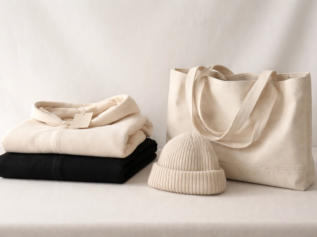 Minimal studio shot of a fashion collaboration merchandise set: folded hoodie, beanie, and tote on a neutral table.