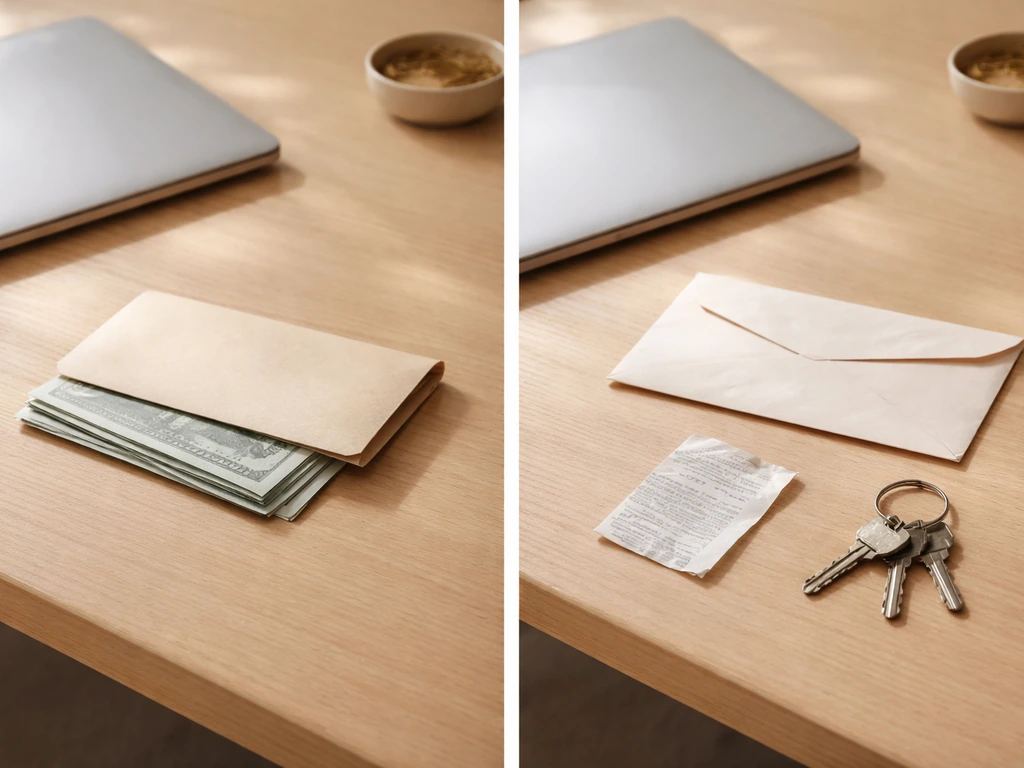 Minimal photo of a desk with scattered envelopes, a closed laptop, and a single key, symbolizing assets and liabilities.