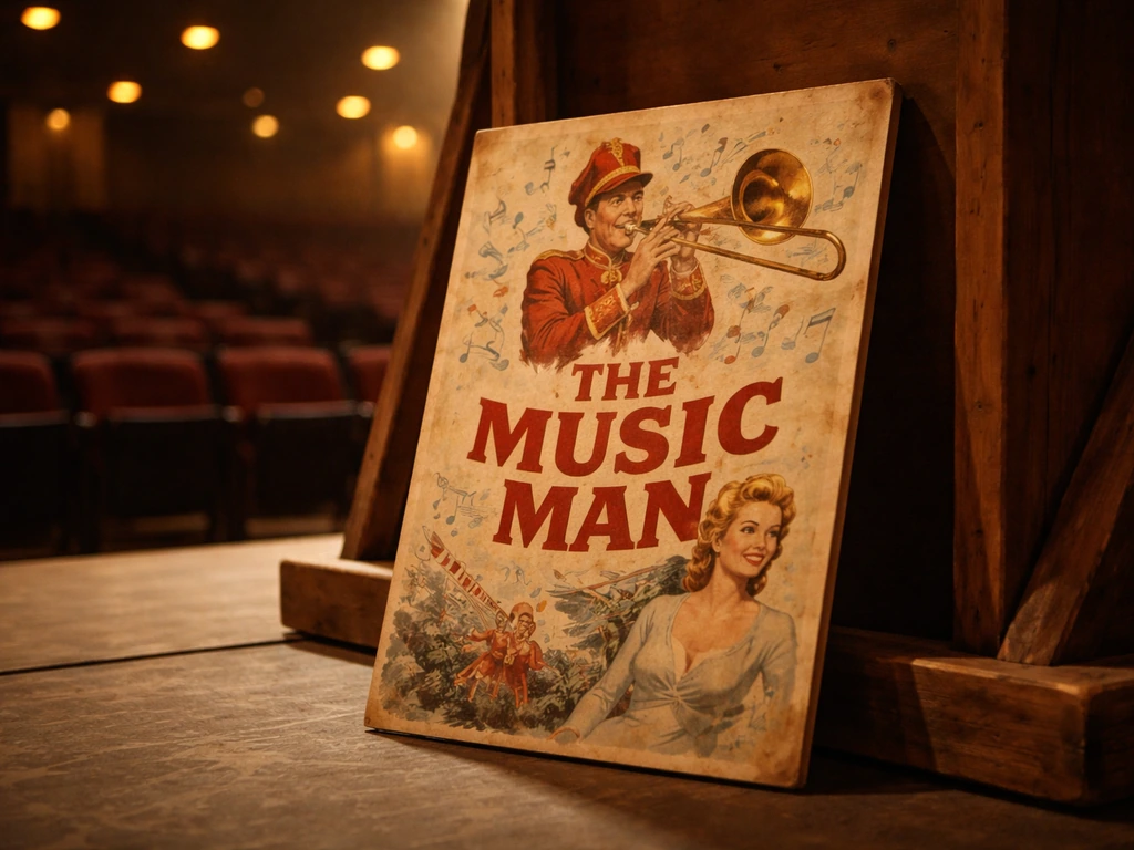 Vintage theater playbill style poster featuring The Music Man on a stage backdrop