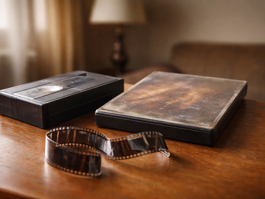 Close-up of an old VHS tape and DVD case with a small 35mm film strip on a table.