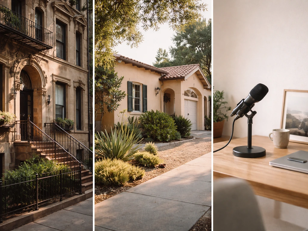 Three minimal frames showing a New York facade, a California home exterior, and an empty studio desk.